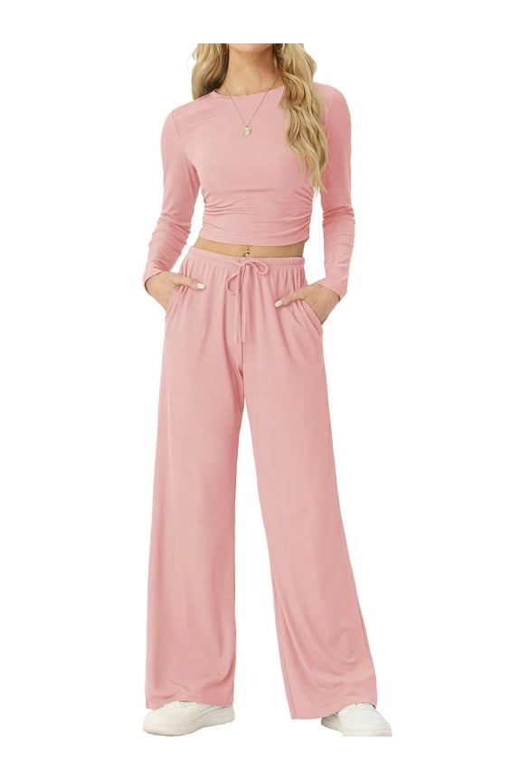 Lounge Sets for Women Long Sleeve Tops Wide Leg Pants Comfy Loungewear Two Piece Outfits with Pocketed