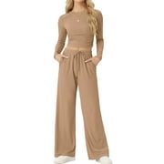 MINTREUS Lounge Sets for Women Long Sleeve Tops Wide Leg Pants Comfy Loungewear Two Piece Outfits with Pocketed