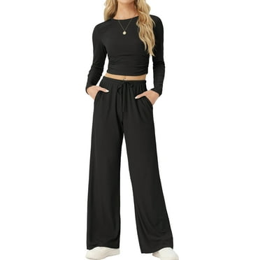 MINTREUS Women's Ribbed Knit Two Piece Outfits Lounge Sets Long Sleeve Wide Leg Pants Homewear Pajamas Set