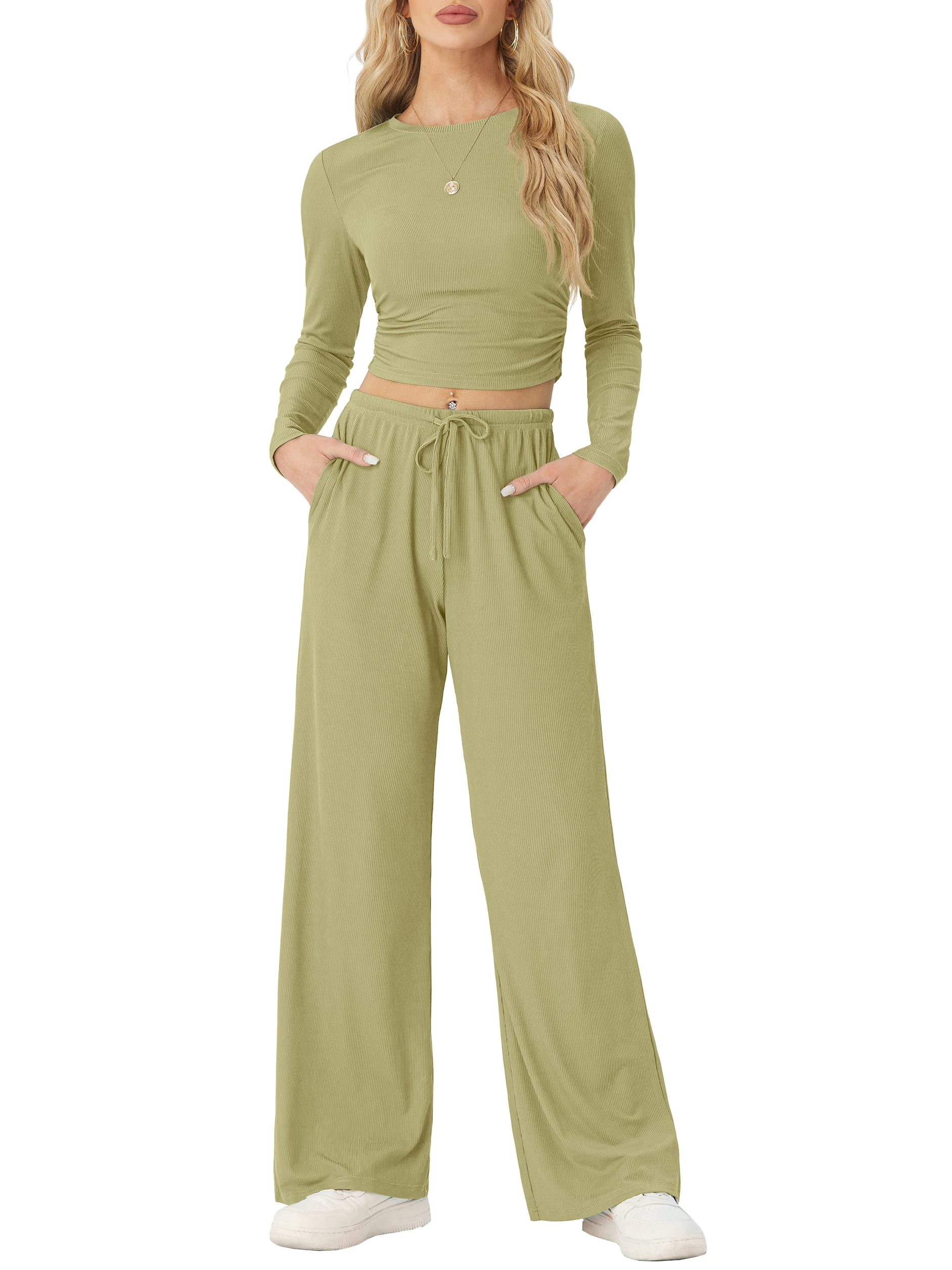 MINTREUS Lounge Sets for Women Knit Short Sleeve V neck Tops and Long Pants Soft Comfy Pajamas Set Oversized 2 Piece Outfits