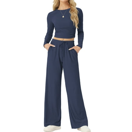 MINTREUS Lounge Sets for Women Long Sleeve Tops Wide Leg Pants Comfy Loungewear Two Piece Outfits with Pocketed