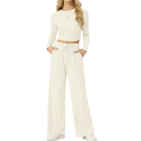 MINTREUS Lounge Sets for Women Long Sleeve Tops Wide Leg Pants Comfy Loungewear Two Piece Outfits with Pocketed