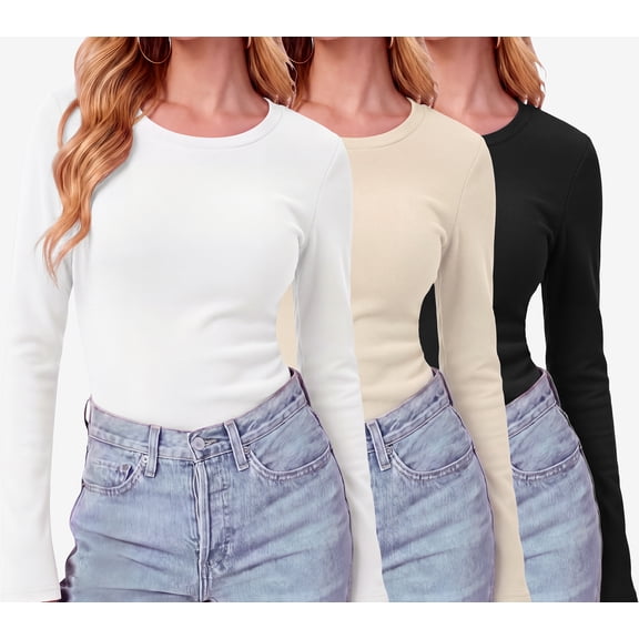 MINTREUS Womens Long Sleeve Shirts 3 Pack, Thick Thermal Undershirts, Crew Neck Base Layer Tops Winter Clothes