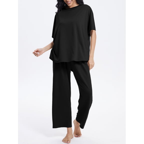MINTREUS Womens 2 Piece Lounge Sets Short Batwing Sleeves and Wide-Leg Pants Loungewear Soft Pajamas with Pockets
