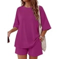 thumbnail image 1 of MINTREUS Womens 2 Piece Lounge Sets Crew Neck Short Summer Pajama Set Airport Travel Outfits with Pockets, 1 of 8