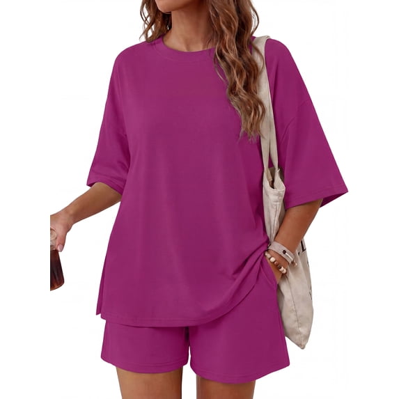 MINTREUS Womens 2 Piece Lounge Sets Crew Neck Short Summer Pajama Set Airport Travel Outfits with Pockets