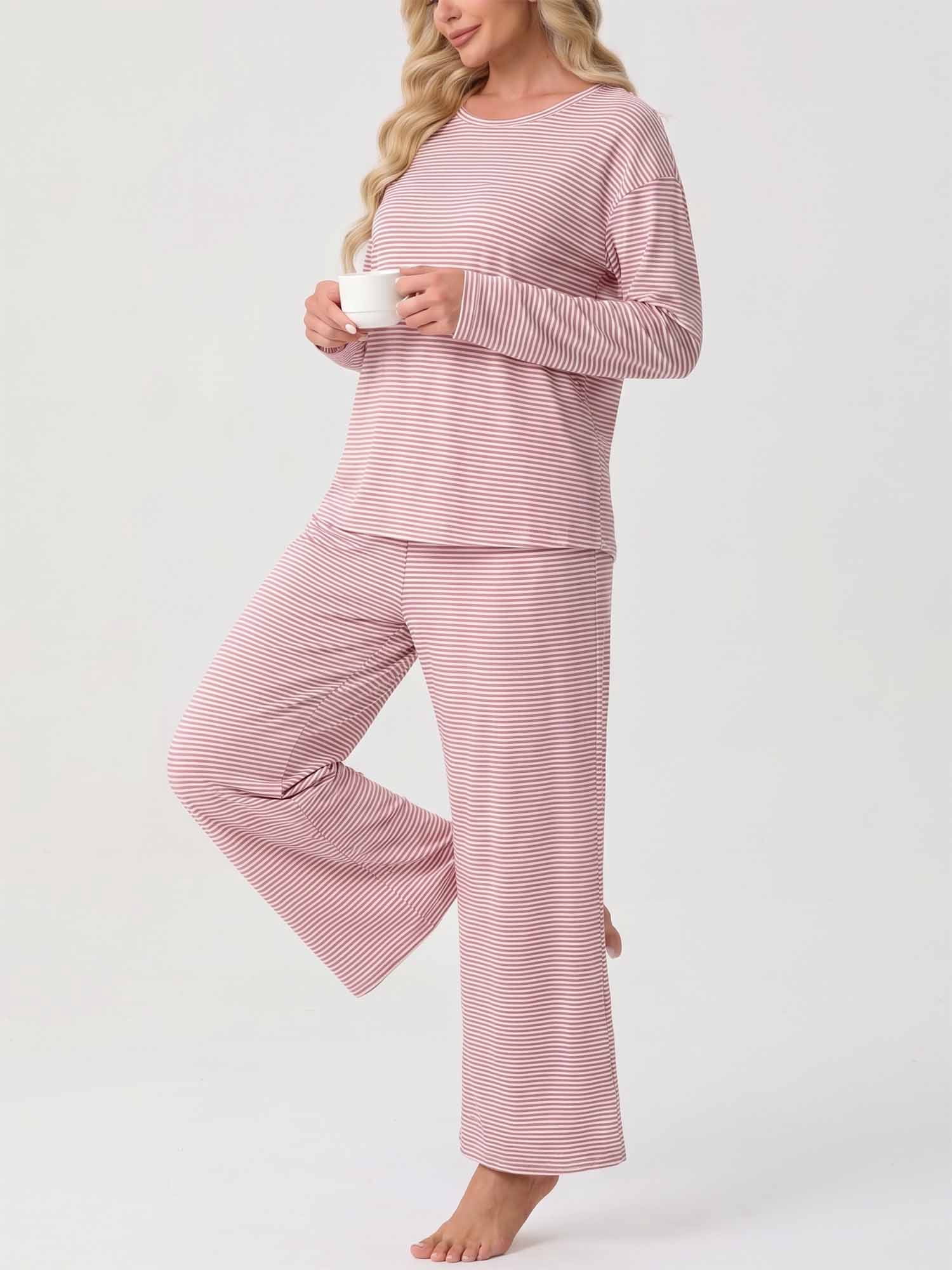 MINTREUS Womens Pajama Set Scoop Neck Long Sleeve Lounge Set with ...