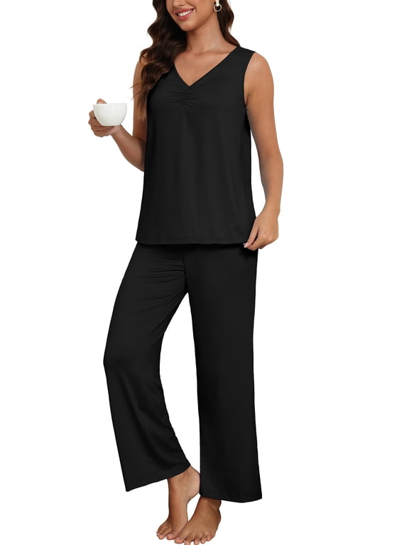 Womens Pajama Set V-Neck Sleeveless Lounge Set with Tank Top and Pants 2-Piece Sleepwear Set