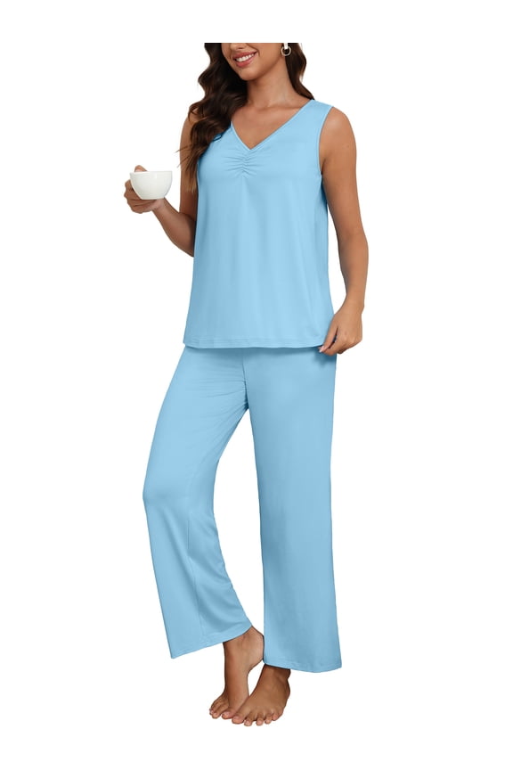 Womens Pajama Set V-Neck Sleeveless Lounge Set with Tank Top and Pants 2-Piece Sleepwear Set