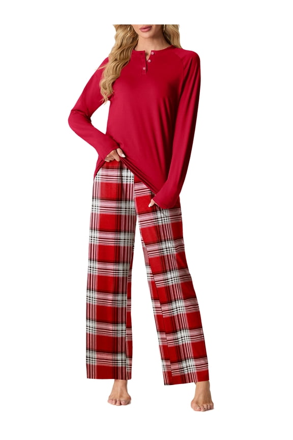 Womens Pajama Sets Soft Long Sleeve Sleepwear Ladies Christmas Loungewear Two Piece Red Plaid Pjs with Pockets