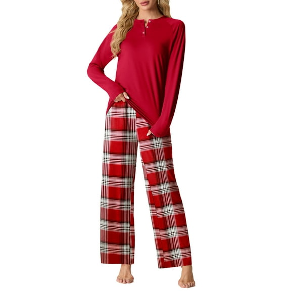 MINTREUS Womens Pajama Sets Soft Long Sleeve Sleepwear Ladies Christmas Loungewear Two Piece Red Plaid Pjs with Pockets