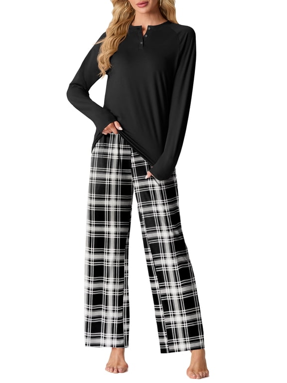 Womens Pajama Sets Soft Long Sleeve Sleepwear Ladies Loungewear Two Piece Black Plaid Pjs with Pockets