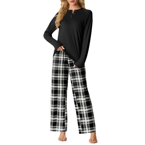 MINTREUS Womens Pajama Sets Soft Long Sleeve Sleepwear Ladies Loungewear Two Piece Black Plaid Pjs with Pockets