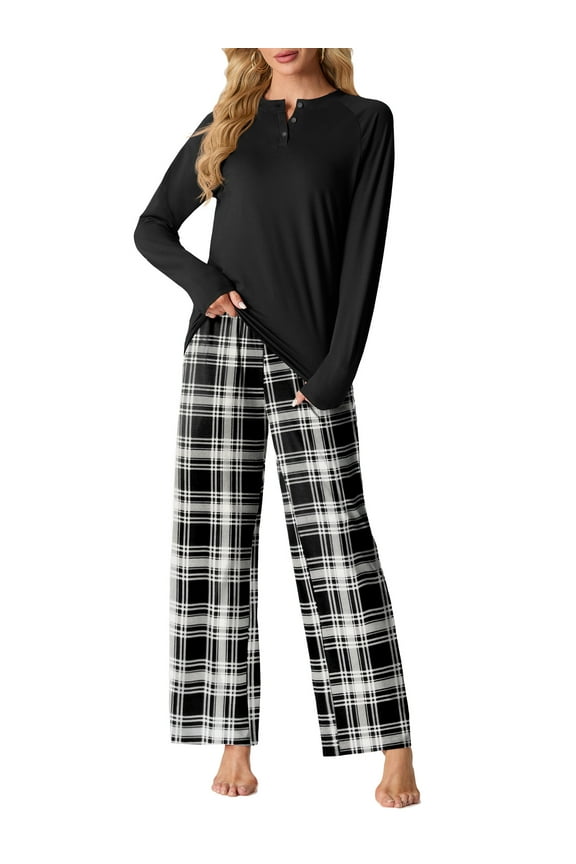 Womens Pajama Sets Soft Long Sleeve Sleepwear Ladies Loungewear Two Piece Black Plaid Pjs with Pockets