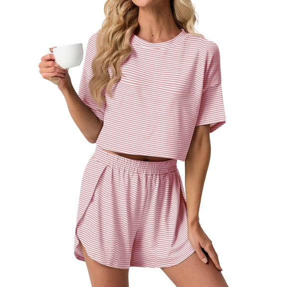 MINTREUS Womens Pajama Sets Striped Print Crew Neck Short Sleeve Tee and Side Split Shorts Lounge Set Cute Pj Sets