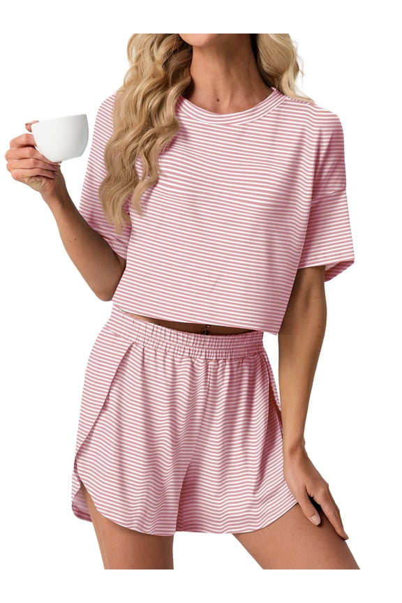 Womens Pajama Sets Striped Print Crew Neck Short Sleeve Tee and Side Split Shorts Lounge Set Cute Pj Sets