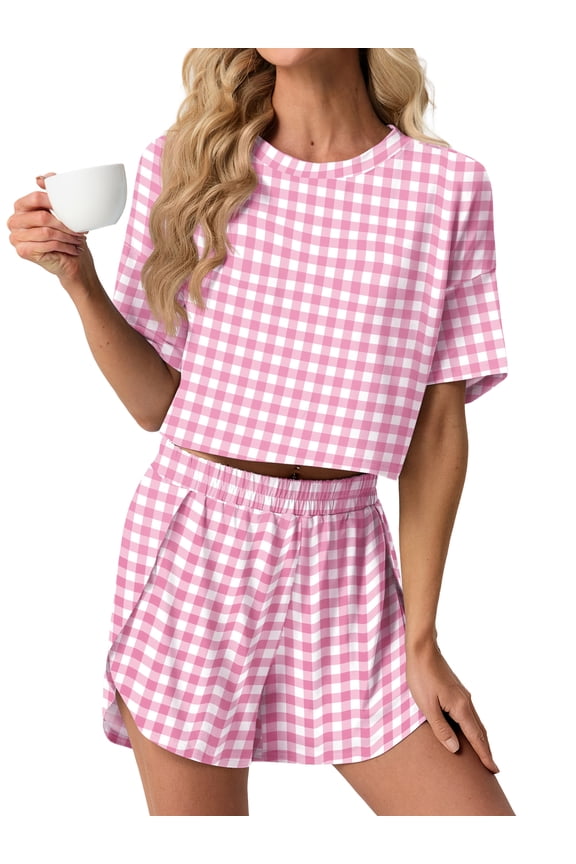 Womens Pajama Sets Striped Print Crew Neck Short Sleeve Tee and Side Split Shorts Lounge Set Cute Pj Sets