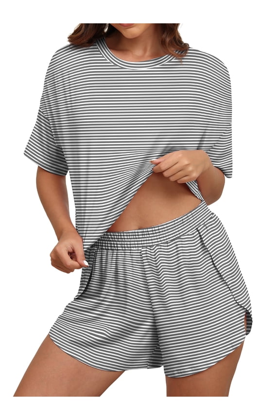 Womens Pajama Sets Striped Print Crew Neck Short Sleeve Tee and Side Split Shorts Lounge Set Cute Pj Sets