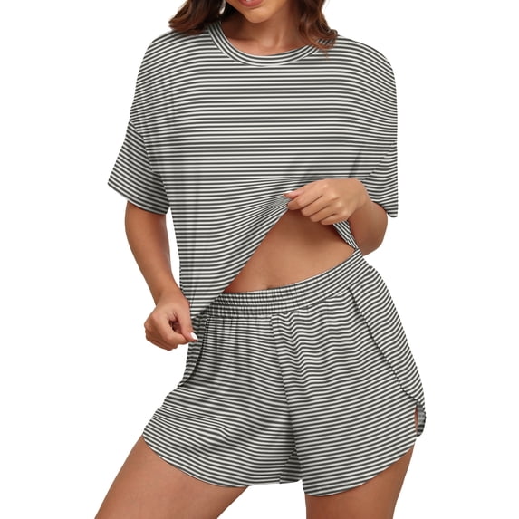 MINTREUS Womens Pajama Sets Striped Print Crew Neck Short Sleeve Tee and Side Split Shorts Lounge Set Cute Pj Sets