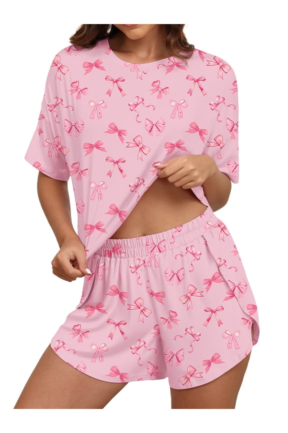 Womens Pajama Sets Striped Print Crew Neck Short Sleeve Tee and Side Split Shorts Lounge Set Cute Pj Sets