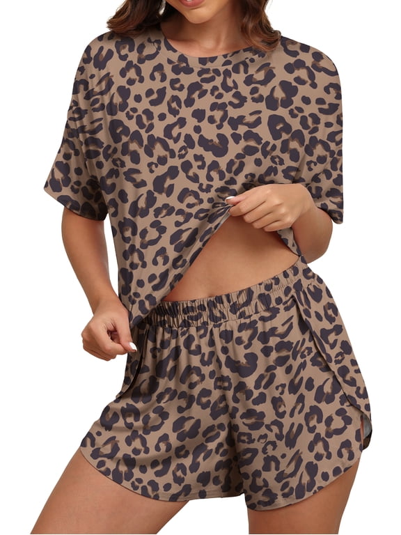 Womens Pajama Sets Leopard Print Crew Neck Short Sleeve Tee and Side Split Shorts Lounge Set Cute Pj Sets