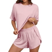 MINTREUS Womens Pajama Sets Striped Print Crew Neck Short Sleeve Tee and Side Split Shorts Lounge Set Cute Pj Sets