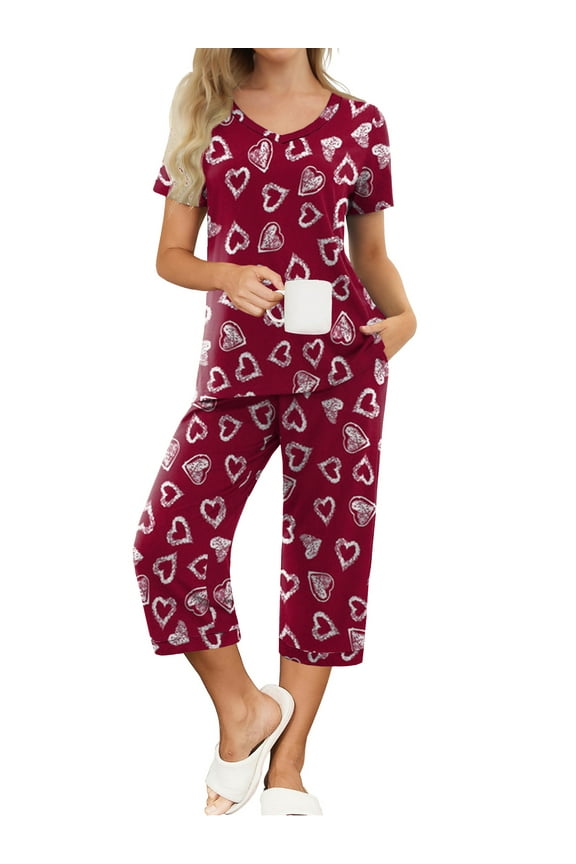 Valentine's Day Womens Pajamas Short Sleeve Sleepwear Tops and Capri Pants Pjs Print Pajama Sets S-2XL