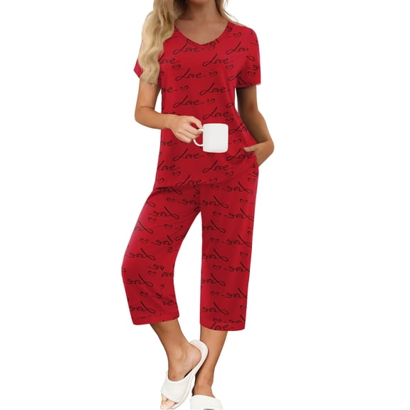 MINTREUS Valentine's Day Womens Pajamas Short Sleeve Sleepwear Tops and Capri Pants Pjs Print Pajama Sets S-2XL