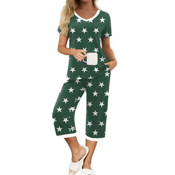 MINTREUS Womens Pajamas Short Sleeve Sleepwear Tops and Capri Pants Pjs Print Pajama Sets S-2XL