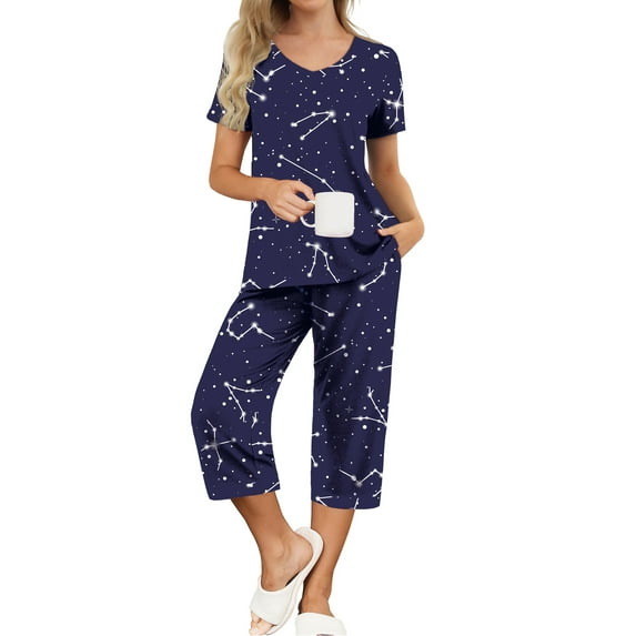 MINTREUS Womens Pajamas Short Sleeve Sleepwear Tops and Capri Pants Pjs Print Pajama Sets S-2XL