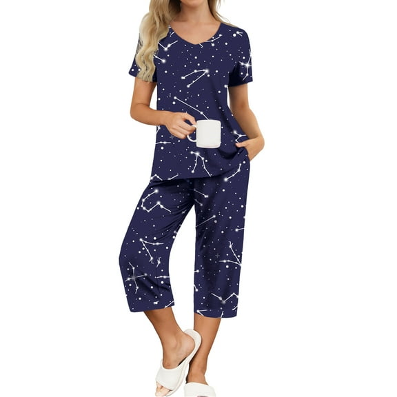 MINTREUS Womens Pajamas Short Sleeve Sleepwear Tops and Capri Pants Pjs Print Pajama Sets S-2XL