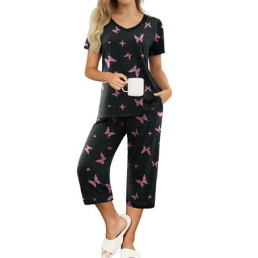MINTREUS Womens Pajamas Short Sleeve Sleepwear Tops and Capri Pants Pjs Print Pajama Sets