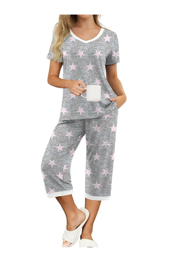 Womens Pajamas Short Sleeve Sleepwear Tops and Capri Pants Pjs Print Pajama Sets S-2XL