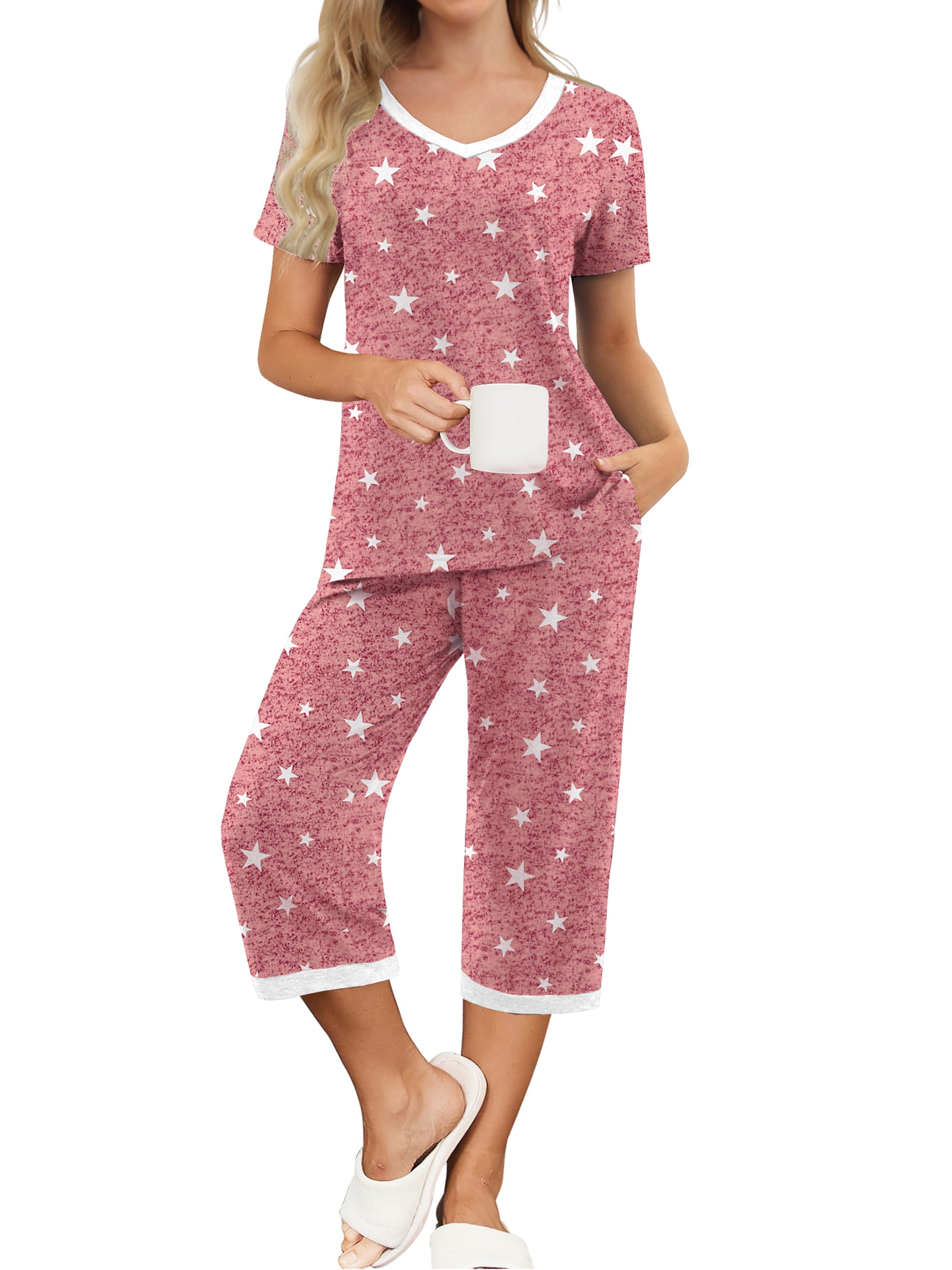 YIJIU Women's Pajama Set – 2 Pack Short Sleeve Sleepwear With Pocket & Capri Pants (Soft Print Loungewear) - View #2