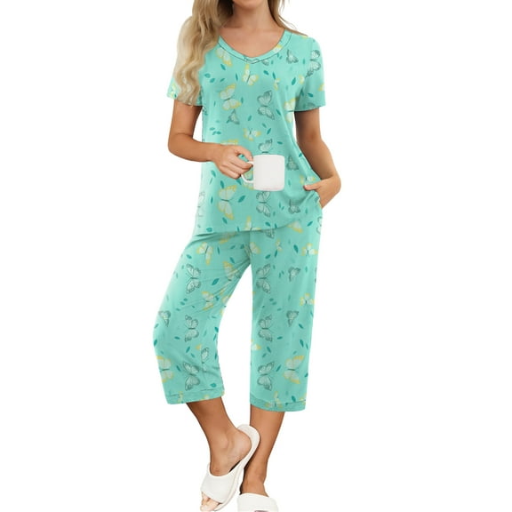 MINTREUS Womens Pajamas Short Sleeve Sleepwear Tops and Capri Pants Pjs Print Pajama Sets S-2XL