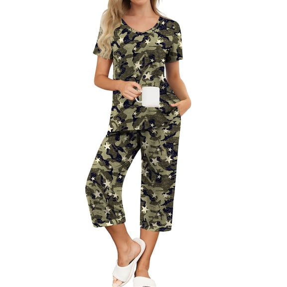 MINTREUS Womens Pajamas Short Sleeve Sleepwear Tops and Capri Pants Pjs Print Pajama Sets S-2XL