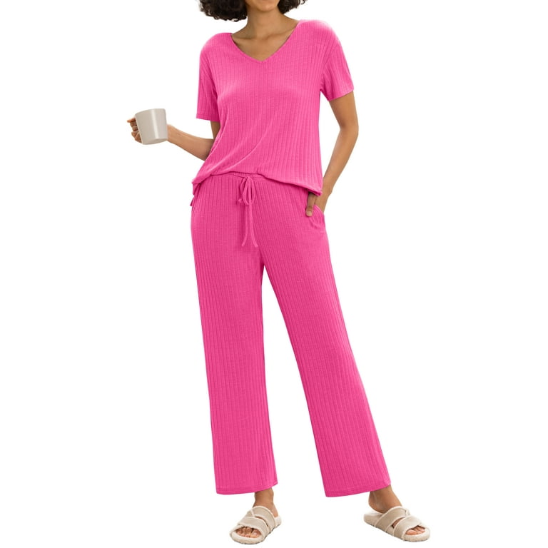MINTREUS Women s Pajama Set Knit Soft Lounge Set Lightweight Sleepwear Two Piece Matching Outfits Set Walmart