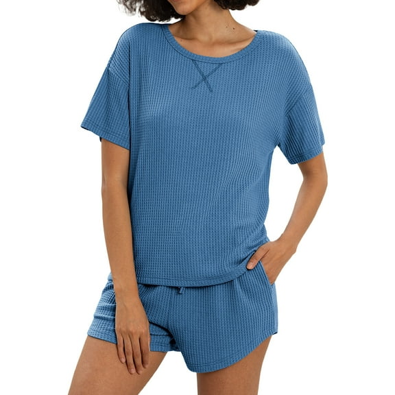 MINTREUS Womens Waffle Knit Pajama Sets Short Sleeve Tops and Shorts Two Piece Lounge Sets Soft Sleepwear with Pocket