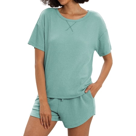 MINTREUS Womens Waffle Knit Pajama Sets Short Sleeve Tops and Shorts Two Piece Lounge Sets Soft Sleepwear with Pocket
