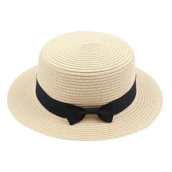 MINZON Sun Hat, Boater Hat Kids Girls Boys Infant Summer Fedora Hat Wide Brim Floppy Beach Sun Cap Visor Hat, Sun Hats for Women Beige