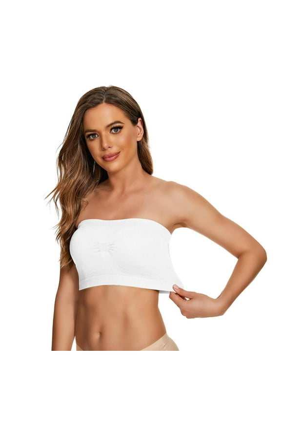 Women No Padded Bandeau Bra Wire Strapless Convertible Bralettes Basic Layer Top Bra White + XL