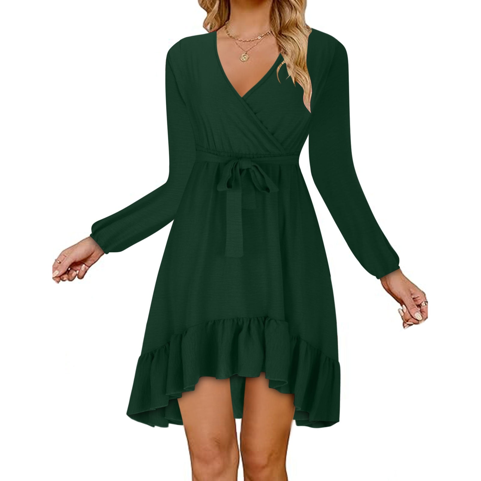 MINzYI Women's Boho Dress Long Sleeve Wrap Solid V Neck Dress Fall