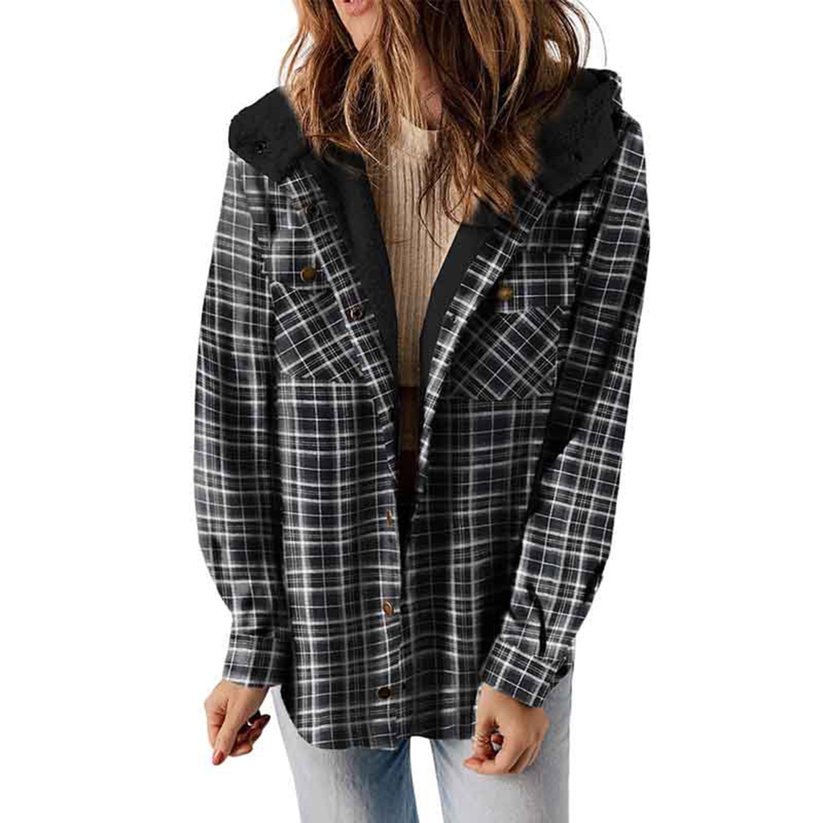 MINzYI Womens Plaid Fleece Jacket Long Sleeve Button Down Hooded