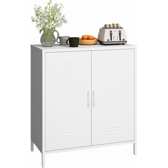 MIOCASA Metal Storage Cabinet - Multi-Purpose Buffet Sideboard Cabinet with Adjustable Shelf & Leveling Feet, Heavy-Duty Steel Design for Living Room, Kitchen, Entryway (White)