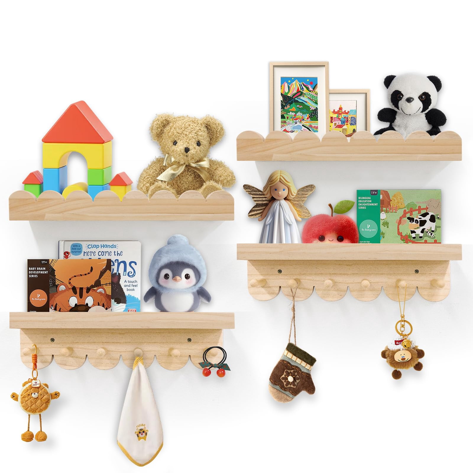 MIOCLYD Floating Book Shelves for Wall – 16'' Wooden Wall Shelf for Baby Boys & Girls Room, Books, Toys, Plants & Décor Storage (4-Pack)