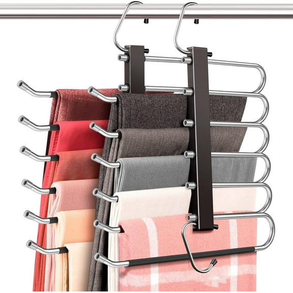 MIOCLYD Space Saving 6 Tier Pant Hangers, 2-Pack Closet Organizer and Pants Rack with 360° Swivel Hook – Anti-Slip Stainless Steel Leggings and Scarf Holder, Black