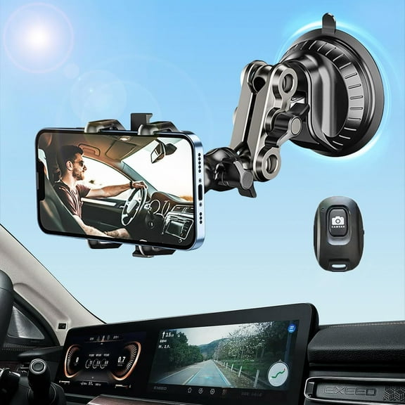 Car Phone Mount Video Recording, Universal 360 Rotating Arm Suction Cup Car Phone Holder Vlog Selfie Live Streaming Heavy Duty Car Phone Mount for Dashboard, Windshield, Sunroof (Black)