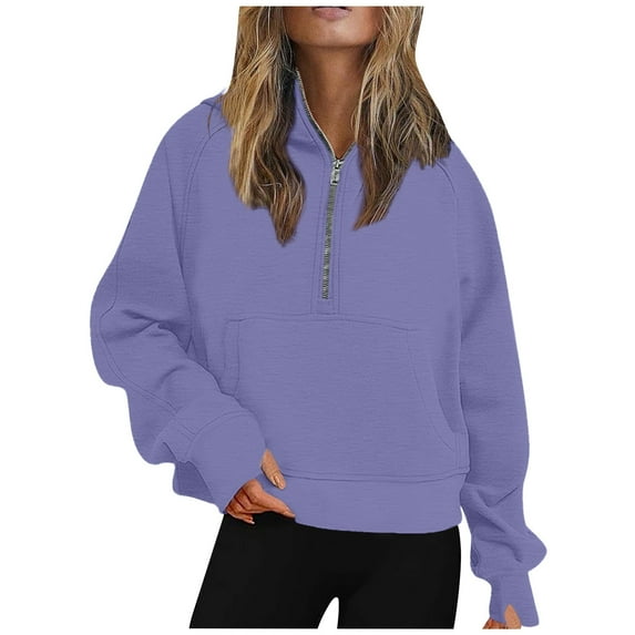 AWZXDE A semi-zippered pocket solid-color short sweatshirt for women in autumn and winter Purple,XL