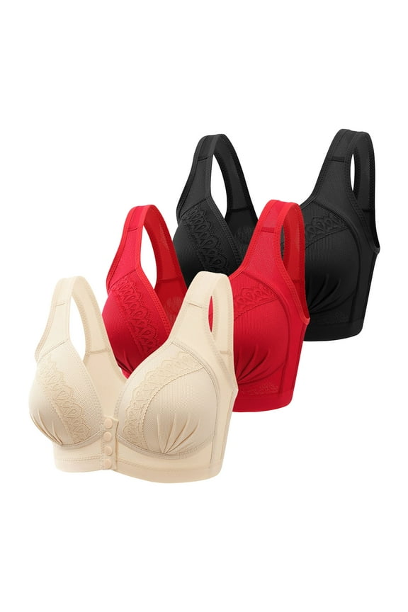 Comfortable Women's Front Side Buckle Lace Edge Seamless Bra for Movement and Sleep Adjustable Large Support Yoga and Wear 3PCS BK2,XL
