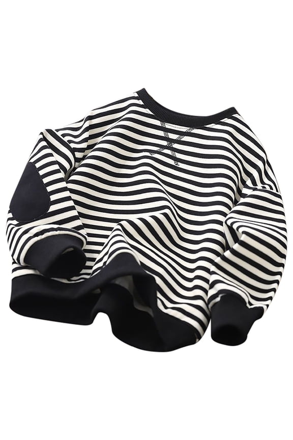 Girls Cute Striped Patch Hoodie Pullover, Round Neck Casual Sweatshirt for Kids, Comfy & Stylish Girls' Hooded Top Black,3-4 Years